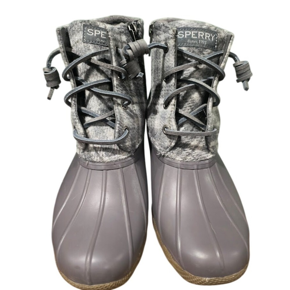 Sperry Saltwater Duck Boots Grey Plaid Wool Blend Waterproof‎ Size 7